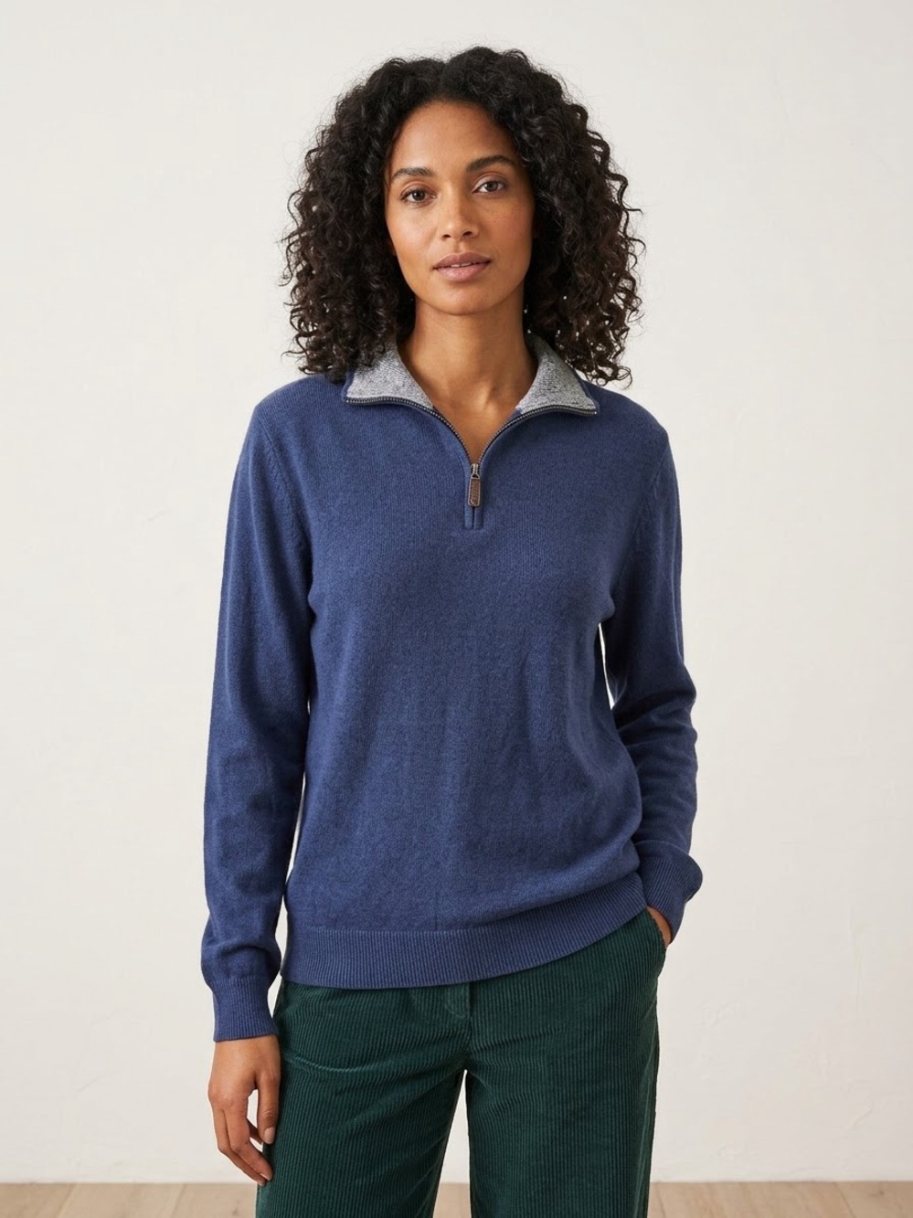 J crew Half-Zip Navy Sweater with Contrast Collar Sz medium 💯 cotton